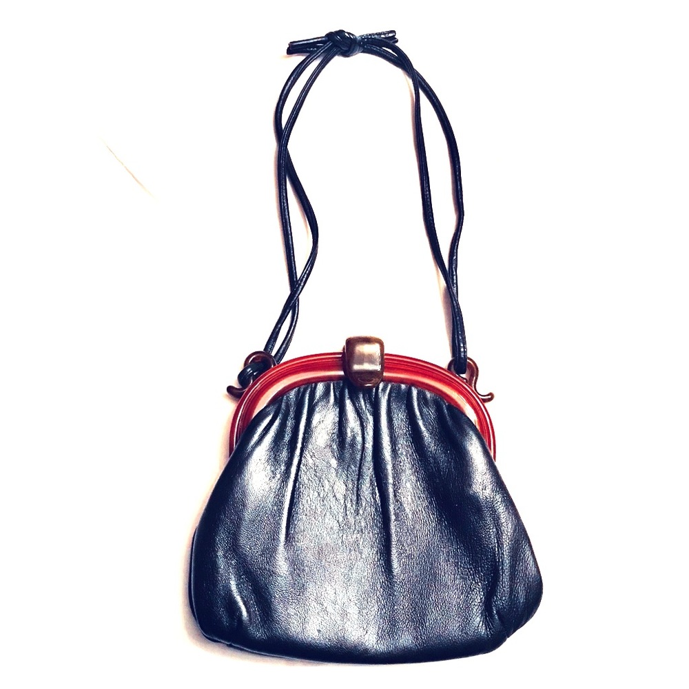 Vintage Black Leather Shoulder Bag Lucite Closure